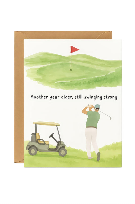 Happy Birthday card ‘Another year older, still swinging strong’